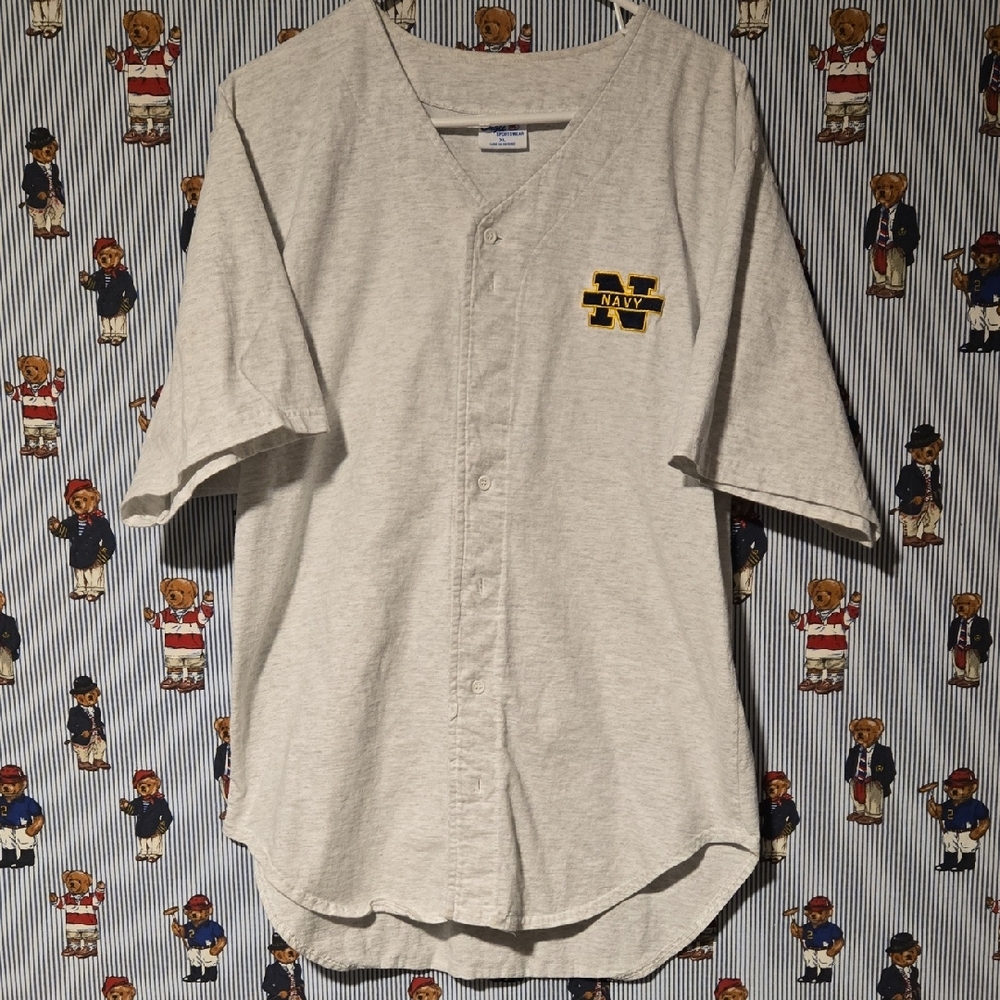 Vintage 90s Navy Military Logo Baseball Gray Button-Up Shirt Eagle Sportswear XL